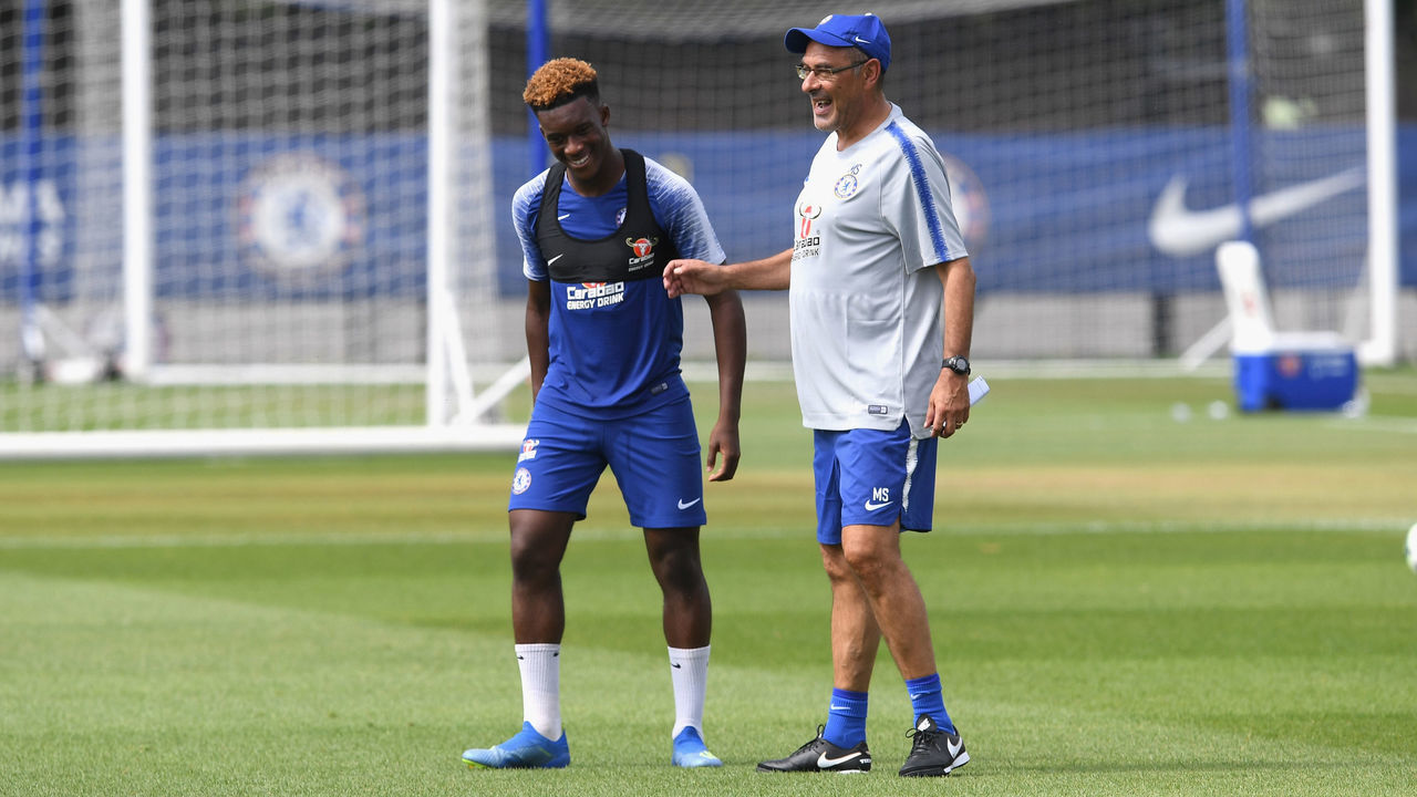 COBHAM, ENGLAND - JULY 16: Callum Hudson-Odoi and Maurizio Sarri of Chelsea during a training session at Chelsea Training Ground on July 16, 2018 in Cobham, England.