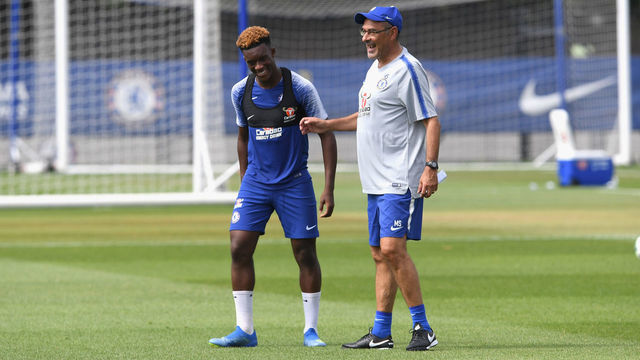 COBHAM, ENGLAND - JULY 16: Callum Hudson-Odoi and Maurizio Sarri of Chelsea during a training session at Chelsea Training Ground on July 16, 2018 in Cobham, England.