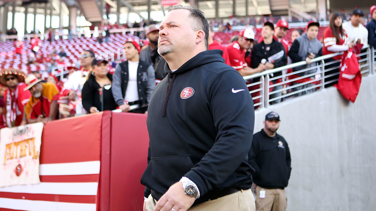 SANTA CLARA, CA - DECEMBER 28: San Francisco 49ers Offensive Coordinator Greg Roman walks onto the field during pregame warm ups against the Arizona Cardinals at Levi's Stadium on December 28, 2014 in Santa Clara, California.