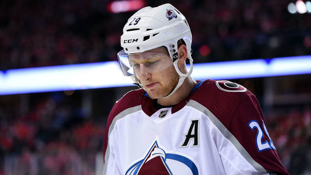 CALGARY, AB - JANUARY 09: Colorado Avalanche Center Nathan MacKinnon (29) skates between whistles during the first period of an NHL game where the Calgary Flames hosted the Colorado Avalanche on January 9, 2019, at the Scotiabank Saddledome in Calgary, AB.