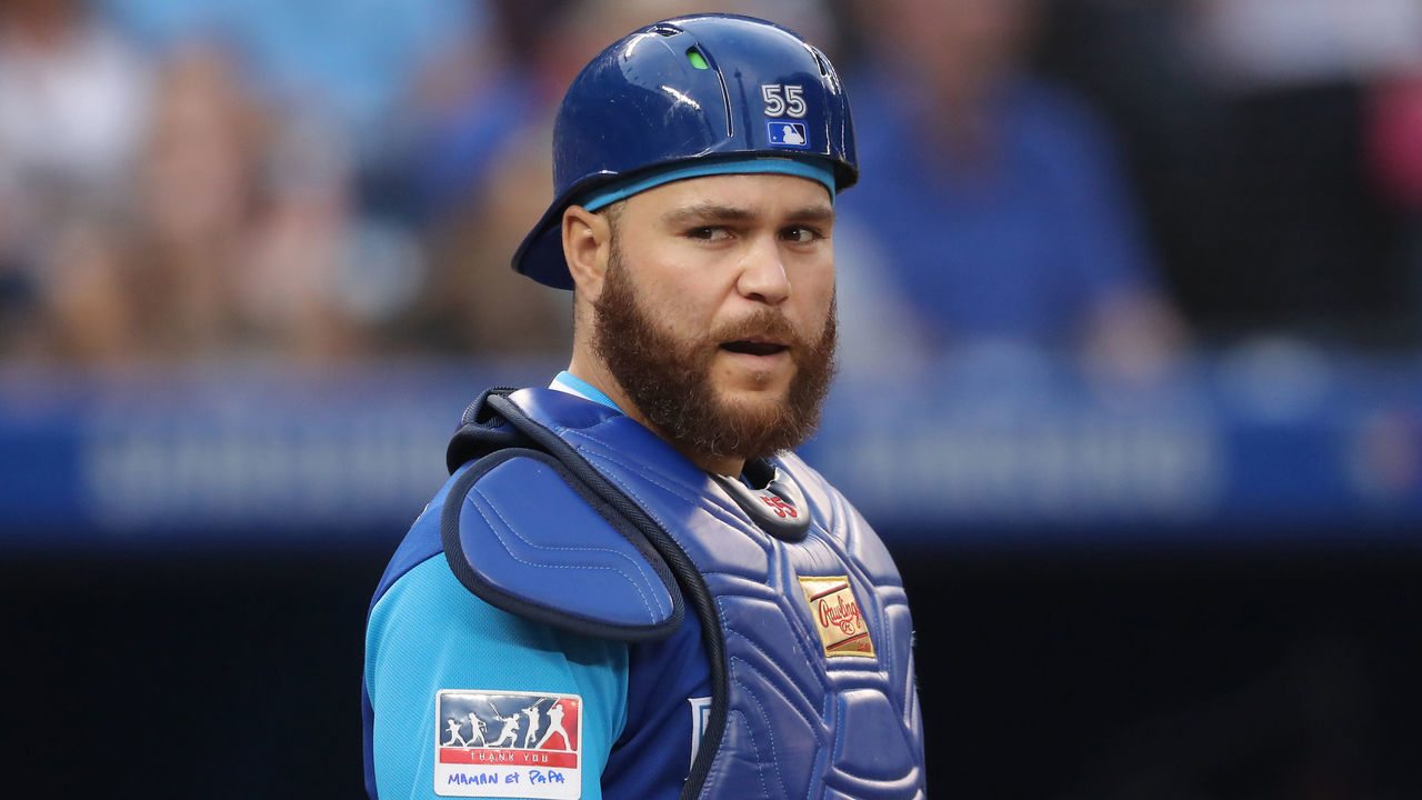 TORONTO, ON - AUGUST 24: Russell Martin #55 of the Toronto Blue Jays looks on from behind home plate on Players Weekend during MLB game action against the Philadelphia Phillies at Rogers Centre on August 24, 2018 in Toronto, Canada.
