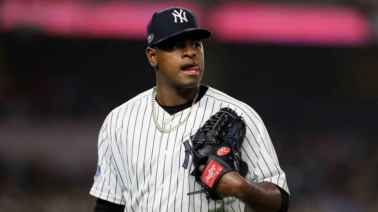 NEW YORK, NEW YORK - OCTOBER 08: Luis Severino #40 of the New York Yankees walks back to the dugout after being pulled against the Boston Red Sox during the fourth inning in Game Three of the American League Division Series at Yankee Stadium on October 08, 2018 in the Bronx borough of New York City.