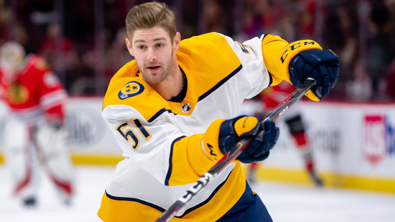 CHICAGO, IL - JANUARY 09: Nashville Predators left wing Austin Watson (51) warms up prior to a game between the Nashville Predators and the Chicago Blackhawks on January 9, 2019, at the United Center in Chicago, IL.
