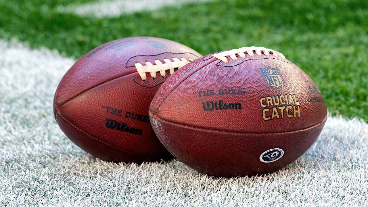 GLENDALE, AZ - DECEMBER 23: Two Wilson Crucial Catch footballs are shown before the NFL football game between the Los Angeles Rams and the Arizona Cardinals on December 23, 2018 at State Farm Stadium in Glendale, AZ.