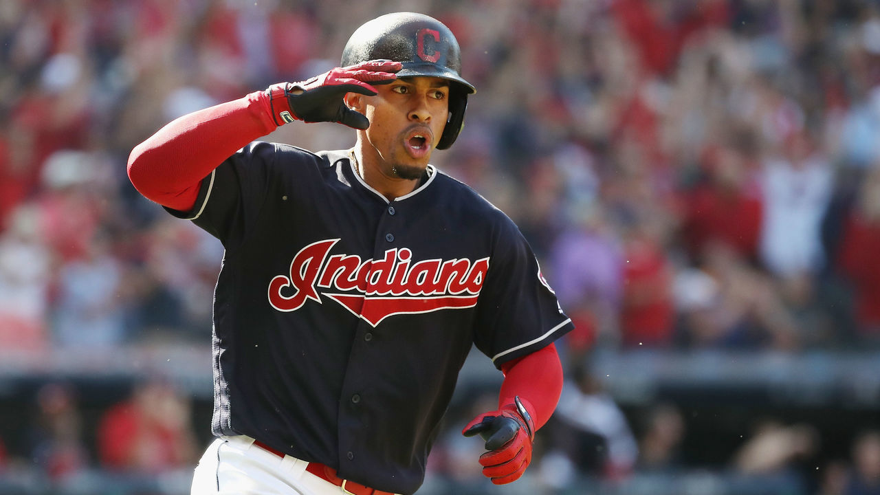 CLEVELAND, OH - OCTOBER 08: Francisco Lindor #12 of the Cleveland Indians reacts as he runs the bases after hitting a solo home run in the fifth inning against the Houston Astros during Game Three of the American League Division Series at Progressive Field on October 8, 2018 in Cleveland, Ohio.