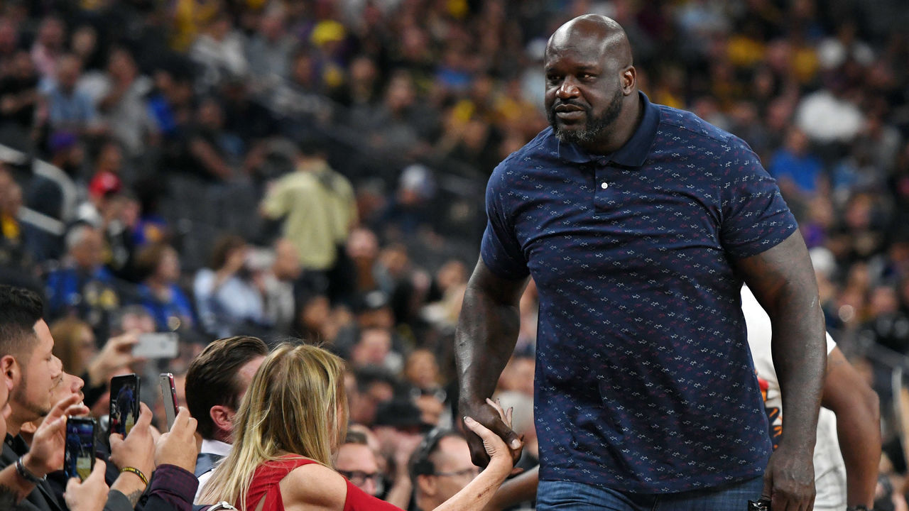 LAS VEGAS, NEVADA - OCTOBER 10: NBA analyst Shaquille O'Neal arrives at a preseason game between the Golden State Warriors and the Los Angeles Lakers at T-Mobile Arena on October 10, 2018 in Las Vegas, Nevada. The Lakers defeated the Warriors 123-113.