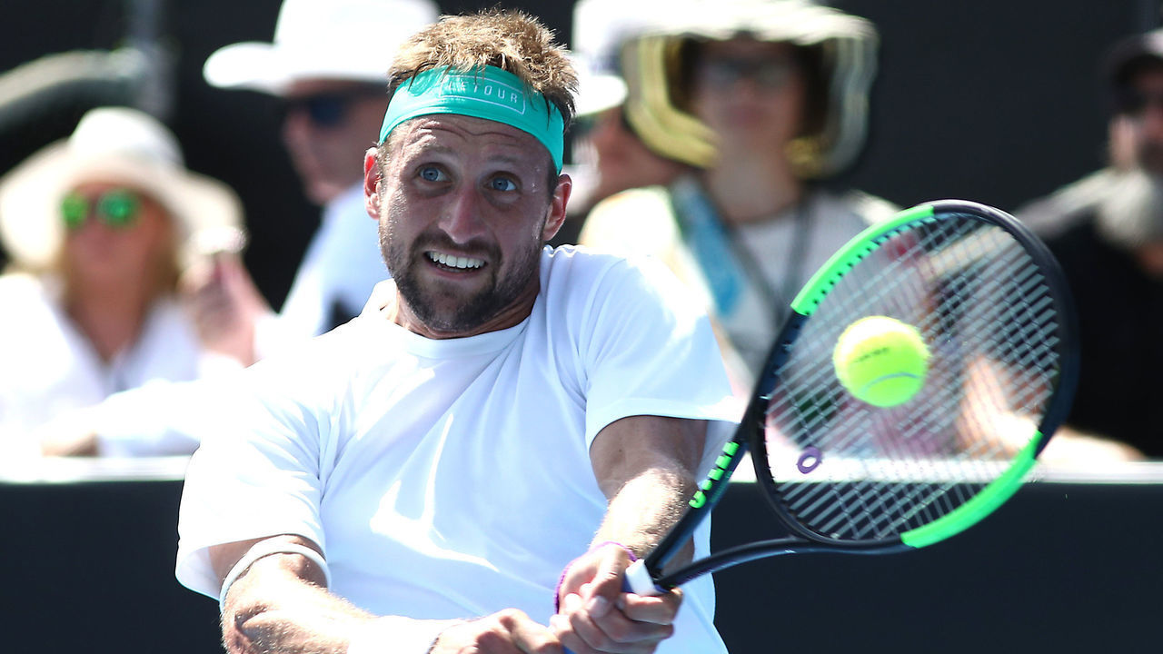 AUCKLAND, NEW ZEALAND - JANUARY 12: Tennys Sandgren of the USA plays a backhand in his Mens Singles Final against Cameron Norrie of Great Britain during the 2019 ASB Classic at the ASB Tennis Centre on January 12, 2019 in Auckland, New Zealand.