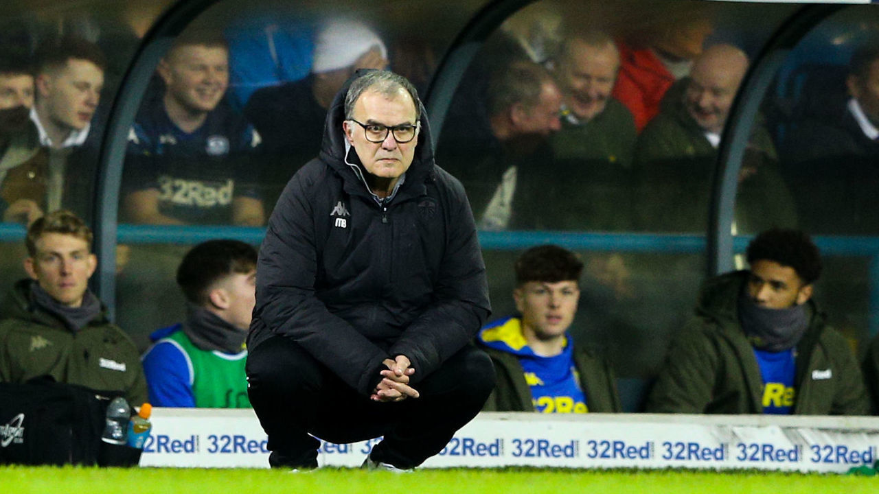 LEEDS, ENGLAND - JANUARY 11: Leeds United manager Marcelo Bielsa watches on during the first half during the Sky Bet Championship match between Leeds United and Derby County at Elland Road on January 11, 2019 in Leeds, England.
