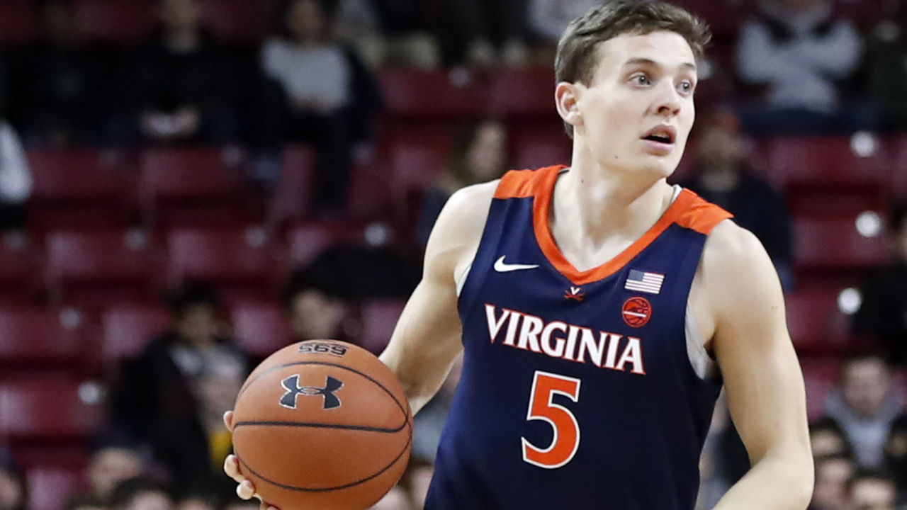 CHESTNUT HILL, MA - JANUARY 09: Virginia Cavaliers guard Kyle Guy (5) during a game between the Boston College Eagles and the Virginia Cavaliers on January 9, 2019, at Conte Forum in Chestnut Hill, Massachusetts.