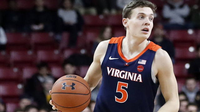 CHESTNUT HILL, MA - JANUARY 09: Virginia Cavaliers guard Kyle Guy (5) during a game between the Boston College Eagles and the Virginia Cavaliers on January 9, 2019, at Conte Forum in Chestnut Hill, Massachusetts.