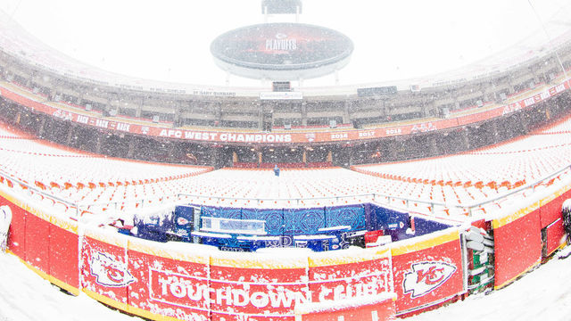 KANSAS CITY, MO - JANUARY 12: Snow falling prior to the NFL AFC Divisional Round playoff game between the Indianapolis Colts and the Kansas City Chiefs on January 12, 2019 at Arrowhead Stadium in Kansas City, Missouri.