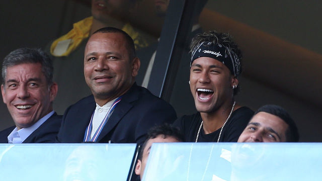 PARIS, FRANCE - AUGUST 5: Neymar Jr of PSG and his father Neymar da Silva Santos aka Neymar Sr (left) during the French Ligue 1 match between Paris Saint Germain (PSG) and Amiens SC at Parc des Princes on August 5, 2017 in Paris, .
