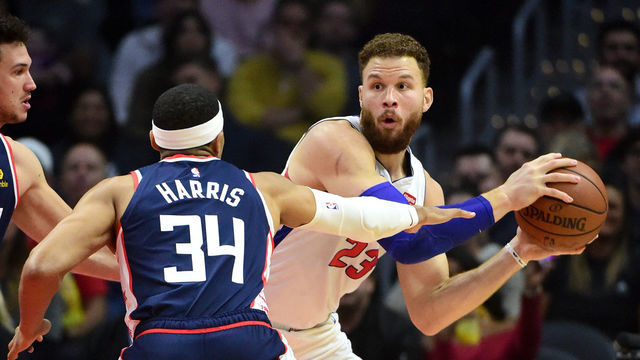 LOS ANGELES, CA - JANUARY 12: Tobias Harris #34 of the Los Angeles Clippers guards Blake Griffin #23 of the Detroit Pistons in the first half of the game at Staples Center on January 12, 2019 in Los Angeles, California.