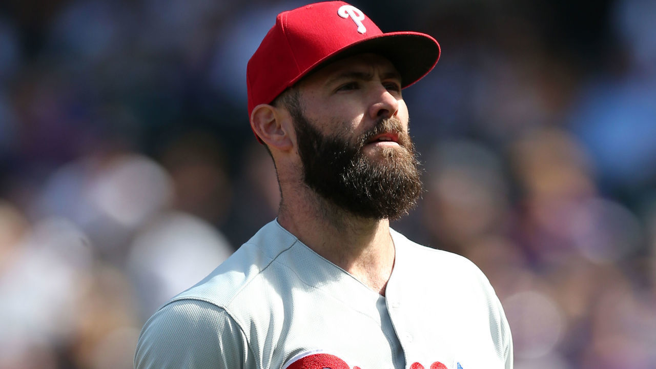 DENVER, CO - SEPTEMBER 27: Jake Arrieta #49 of the Philadelphia Phillies looks on during the game against the Colorado Rockies at Coors Field on September 27, 2018 in Denver, Colorado. The Rockies defeated the Phillies 6-4.