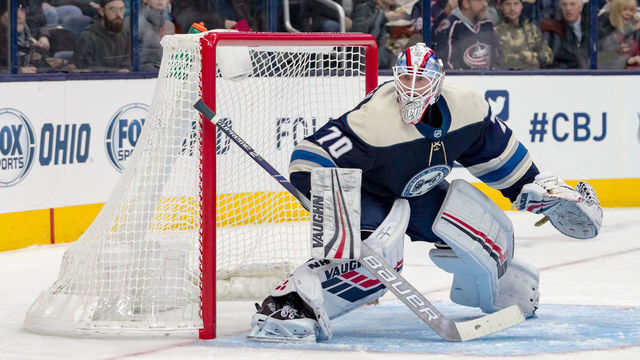 COLUMBUS, OH - JANUARY 10: Columbus Blue Jackets goaltender Joonas Korpisalo (70) focuses on play in a game between the Columbus Blue Jackets and the Nashville Predators on January 10, 2019 at Nationwide Arena in Columbus, OH.