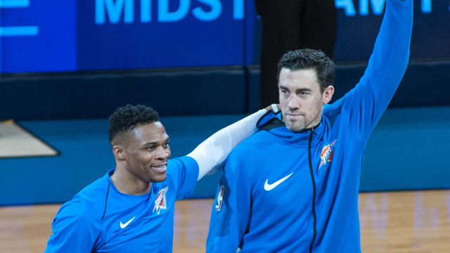OKLAHOMA CITY, OK - APRIL 11: Oklahoma City Thunder Guard Russell Westbrook (0) celebrating Oklahoma City Thunder Forward Nick Collison (4) last regular season game with the franchise on April 11, 2018 at Chesapeake Energy Arena in Oklahoma City, Oklahoma.