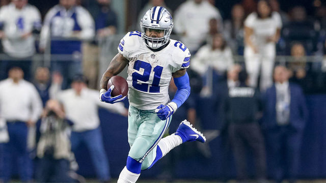 ARLINGTON, TX - JANUARY 05: Dallas Cowboys running back Ezekiel Elliott (21) breaks free for a long gain during the NFC wildcard playoff game between the Seattle Seahawks and Dallas Cowboys on January 5, 2019 at AT&T Stadium in Arlington, TX.