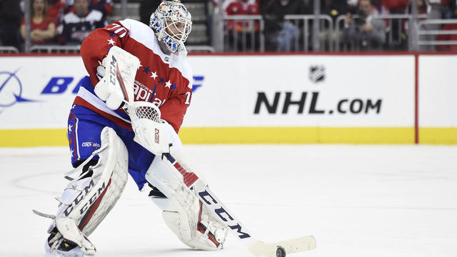 WASHINGTON, DC - JANUARY 12: Braden Holtby #70 of the Washington Capitals controls the puck in the first period against the Columbus Blue Jackets at Capital One Arena on January 12, 2019 in Washington, DC.