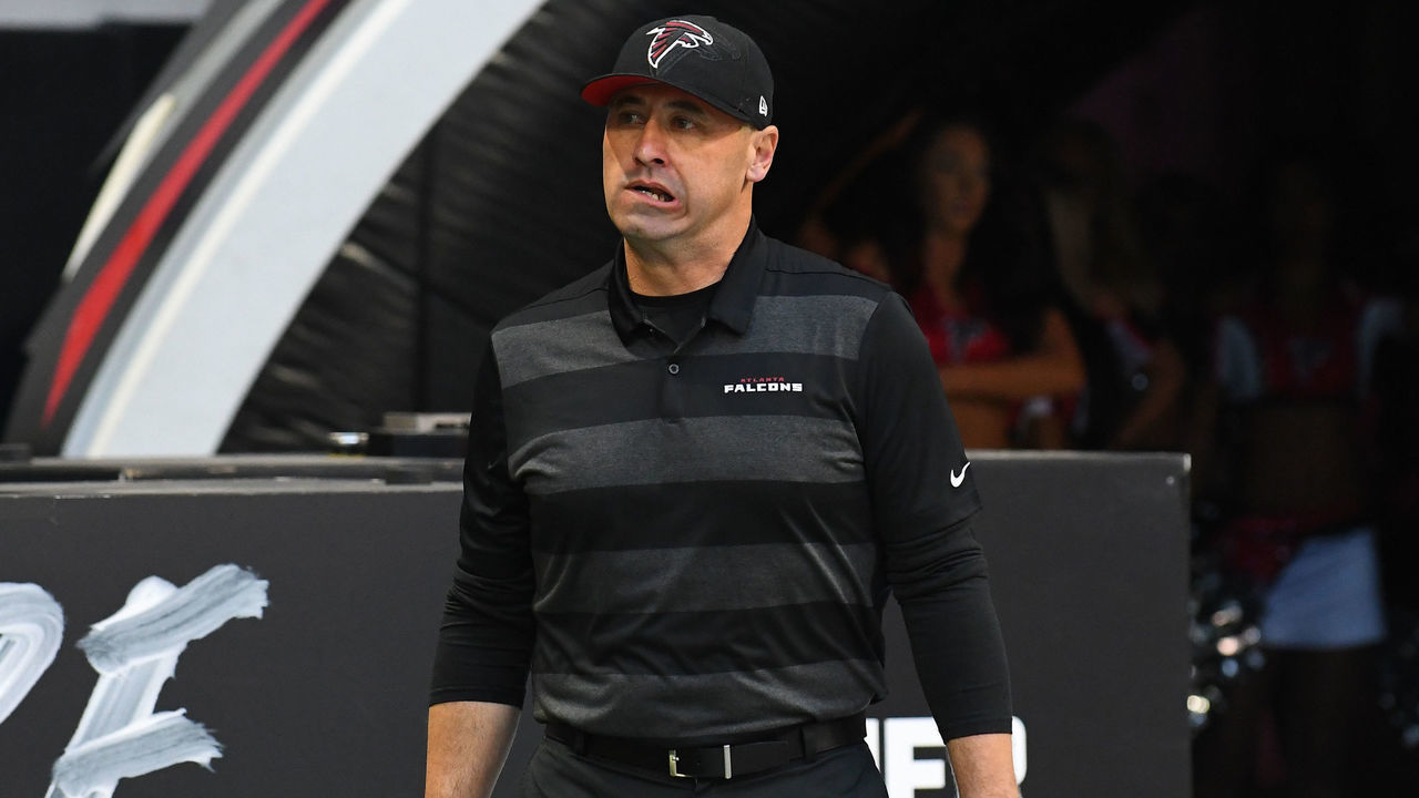 ATLANTA, GA - DECEMBER 02: Atlanta Falcons Offensive Coordinator Steve Sarkisian walks onto the field before the game between the Baltimore Ravens and the Atlanta Falcons on December 02, 2018, at Mercedes-Benz Stadium in Atlanta, GA.