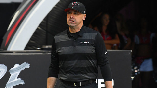 ATLANTA, GA - DECEMBER 02: Atlanta Falcons Offensive Coordinator Steve Sarkisian walks onto the field before the game between the Baltimore Ravens and the Atlanta Falcons on December 02, 2018, at Mercedes-Benz Stadium in Atlanta, GA.