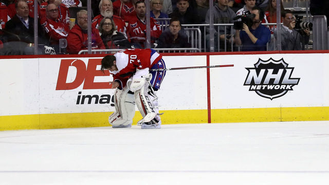 WASHINGTON, DC - JANUARY 12: Goalie Braden Holtby #70 of the Washington Capitals skates on the ice after getting hurt against the Columbus Blue Jackets and leaving the game in the second period at Capital One Arena on January 12, 2019 in Washington, DC.