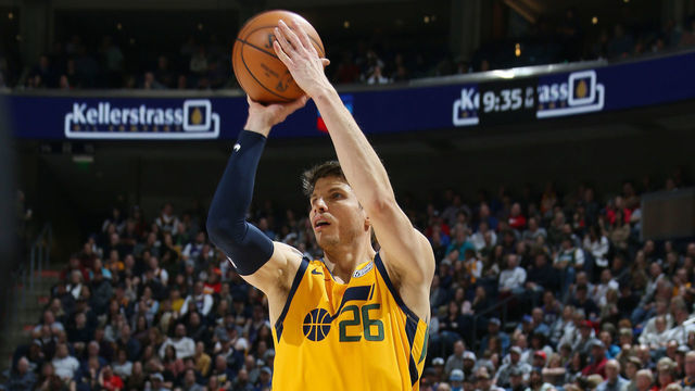 SALT LAKE CITY, UT - JANUARY 12: Kyle Korver #26 of the Utah Jazz shoots a three-pointer during the game against the Chicago Bulls on January 12, 2019 at Vivint Smart Home Arena in Salt Lake City, Utah. Mandatory Copyright Notice: Copyright 2019 NBAE