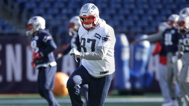 FOXBOROUGH, MA - JANUARY 11: New England Patriots' Rob Gronkowski takes part in running and stretching drills during New England Patriots practice at the Gillette Stadium practice facility in Foxborough, MA on Jan. 11, 2019.