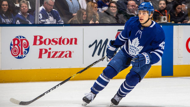 TORONTO, ON - JANUARY 5: Trevor Moore #42 of the Toronto Maple Leafs skates against the Vancouver Canucks during the second period at the Scotiabank Arena on January 5, 2019 in Toronto, Ontario, Canada.