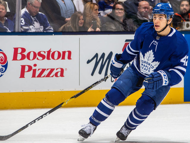 TORONTO, ON - JANUARY 5: Trevor Moore #42 of the Toronto Maple Leafs skates against the Vancouver Canucks during the second period at the Scotiabank Arena on January 5, 2019 in Toronto, Ontario, Canada.