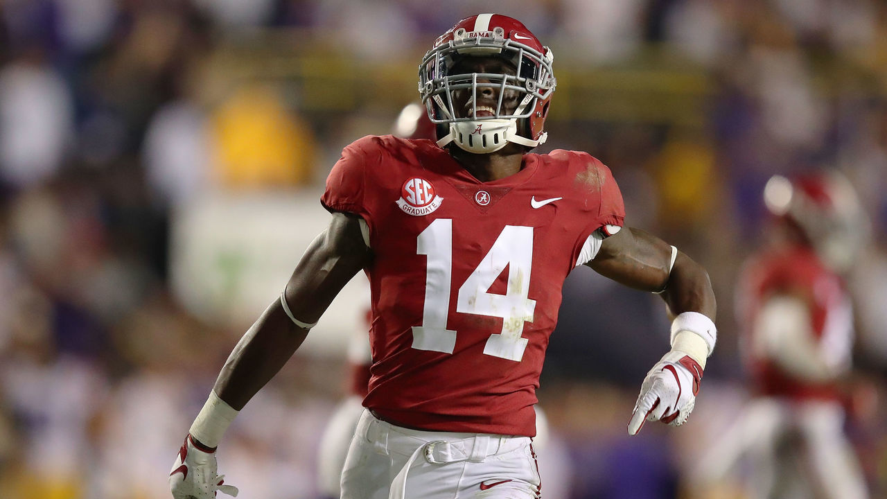 BATON ROUGE, LA - NOVEMBER 03: Deionte Thompson #14 of the Alabama Crimson Tide reacts after the LSU Tigers missed a second half field goal at Tiger Stadium on November 3, 2018 in Baton Rouge, Louisiana. Alabama won the game 29-0.