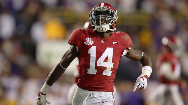 BATON ROUGE, LA - NOVEMBER 03: Deionte Thompson #14 of the Alabama Crimson Tide reacts after the LSU Tigers missed a second half field goal at Tiger Stadium on November 3, 2018 in Baton Rouge, Louisiana. Alabama won the game 29-0.