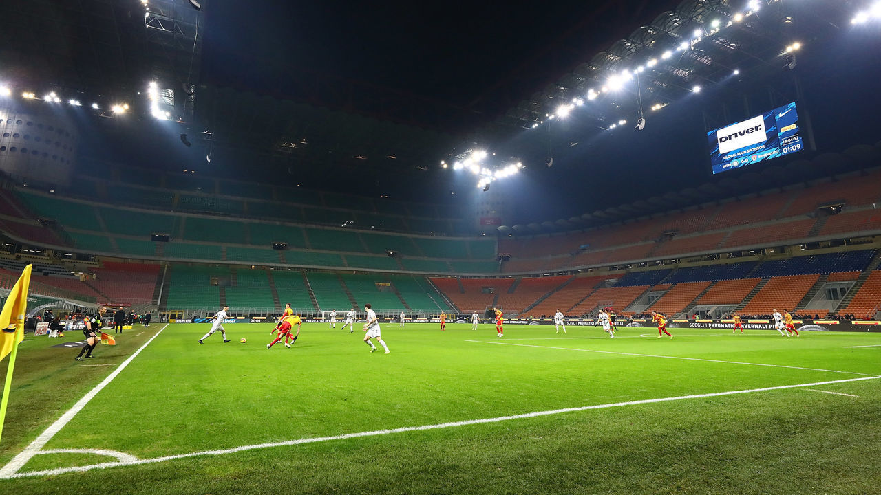 MILAN, ITALY - JANUARY 13: A general view of action in the empty stadium during the Coppa Italia match between FC Internazionale v Benevento Calcio at Stadio Giuseppe Meazza on January 13, 2019 in Milan, Italy.