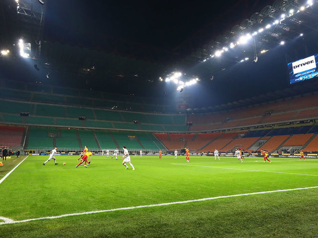 MILAN, ITALY - JANUARY 13: A general view of action in the empty stadium during the Coppa Italia match between FC Internazionale v Benevento Calcio at Stadio Giuseppe Meazza on January 13, 2019 in Milan, Italy.