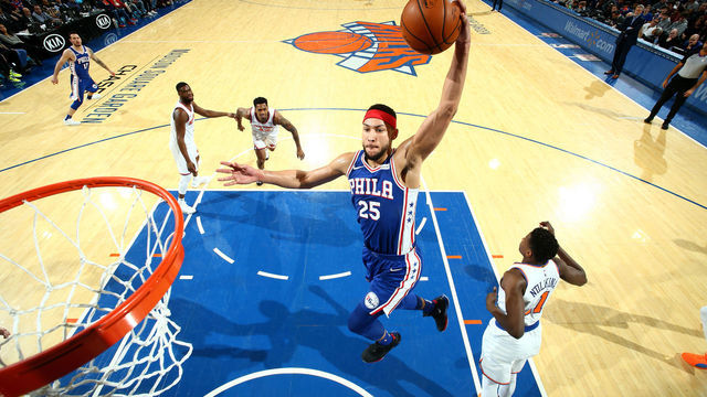 NEW YORK, NY - JANUARY 13: Ben Simmons #25 of the Philadelphia 76ers dunks the ball against the New York Knicks on January 13, 2019 at Madison Square Garden in New York City, New York. Mandatory Copyright Notice: Copyright 2019 NBAE