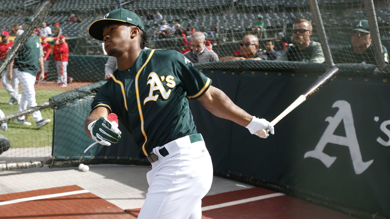 OAKLAND, CA - JUNE 15: First round draft pick Kyler Murray of the Oakland Athletics takes batting practice after signing his contract at the Oakland Alameda Coliseum on June 15, 2018 in Oakland, California.