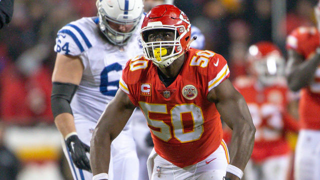 KANSAS CITY, MO - JANUARY 12: Kansas City Chiefs outside linebacker Justin Houston (50) celebrates after a sack during the NFL AFC Divisional Round playoff game against the Indianapolis Colts on January 12, 2019 at Arrowhead Stadium in Kansas City, Missouri.