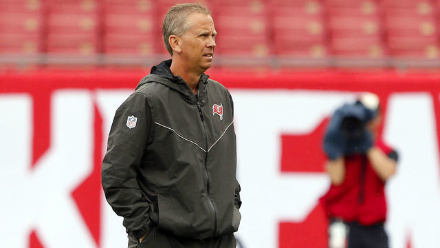 TAMPA, FL - DEC 09: Bucs Offensive Coordinator Todd Monken watches the warm-ups before the regular season game between the New Orleans Saints and the Tampa Bay Buccaneers on December 09, 2018 at Raymond James Stadium in Tampa, Florida.