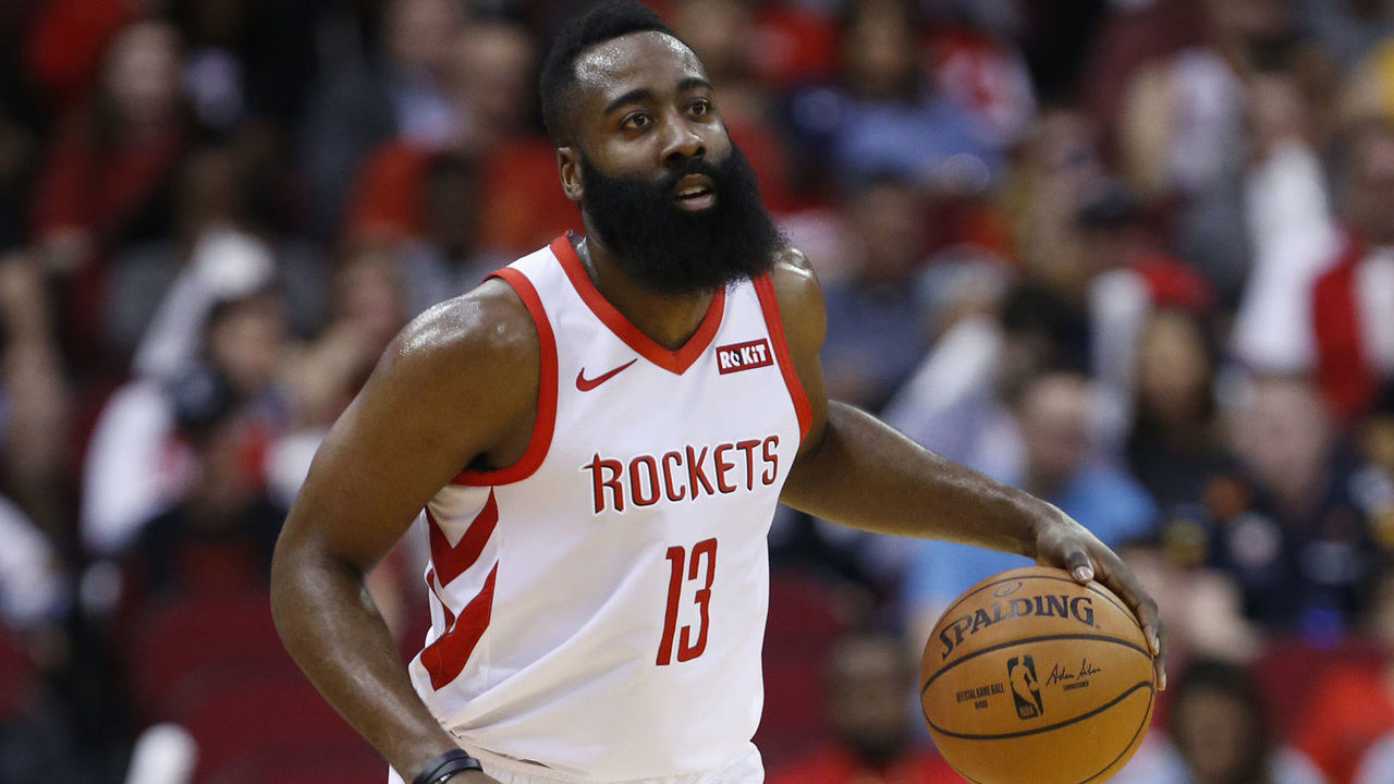 HOUSTON, TEXAS - JANUARY 07: James Harden #13 of the Houston Rockets brings the ball up the court against the Denver Nuggets at Toyota Center on January 07, 2019 in Houston, Texas.
