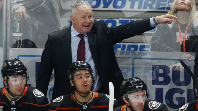 ANAHEIM, CA - DECEMBER 12: Head coach Randy Carlyle of the Anaheim Ducks gestures during the second period of the game against the Dallas Stars at Honda Center on December 12, 2018 in Anaheim, California.