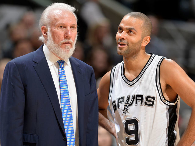 SAN ANTONIO, TX - JANUARY 17: Head Coach Gregg Popovich and Tony Parker #9 of the San Antonio Spurs are seen against the Minnesota Timberwolves on January 17, 2017 at the AT&T Center in San Antonio, Texas. Mandatory Copyright Notice: Copyright 2017 NBAE (Photos by Mark Sobhani/NBAE via Getty Images)