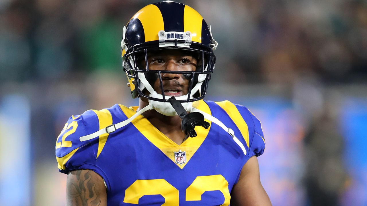 LOS ANGELES, CA - DECEMBER 16: Marcus Peters #22 of the Los Angeles Rams looks on during the game against the Philadelphia Eagles at the Los Angeles Memorial Coliseum on December 16, 2018 in Los Angeles, California . The Eagles defeated the Rams 30-23.