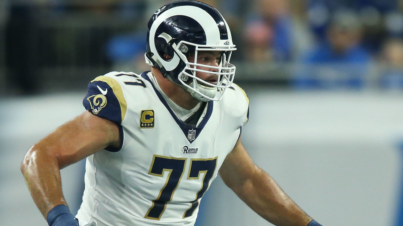 DETROIT, MI - DECEMBER 02: Los Angeles Ram tackle Andrew Whitworth (77) blocks during a regular season game between the Los Angeles Rams and the Detroit Lions on December 2, 2018 at Ford Field in Detroit, Michigan.