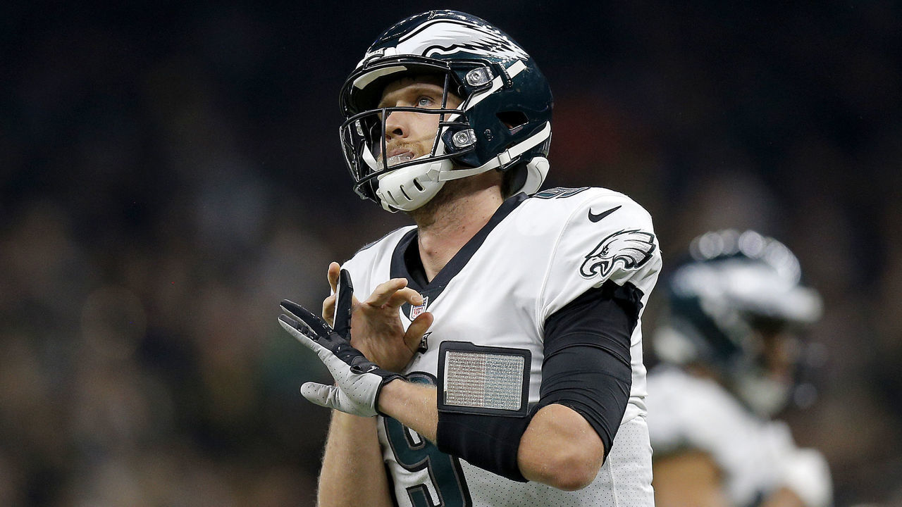 NEW ORLEANS, LOUISIANA - JANUARY 13: Nick Foles #9 of the Philadelphia Eagles celebrates his first quarter touchdown New Orleans Saints in the NFC Divisional Playoff Game at Mercedes Benz Superdome on January 13, 2019 in New Orleans, Louisiana.