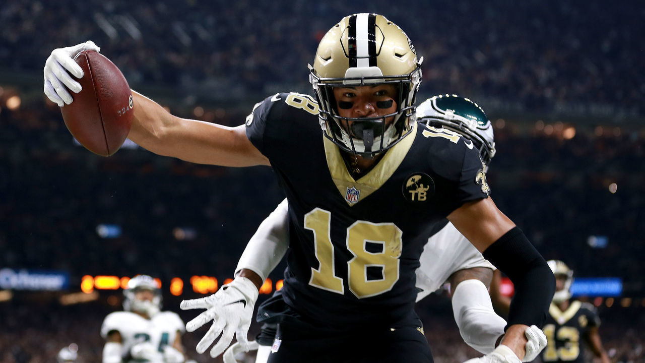 NEW ORLEANS, LOUISIANA - JANUARY 13: Keith Kirkwood #18 of the New Orleans Saints catches a second quarter touchdown against the Philadelphia Eagles in the NFC Divisional Playoff Game at Mercedes Benz Superdome on January 13, 2019 in New Orleans, Louisiana.