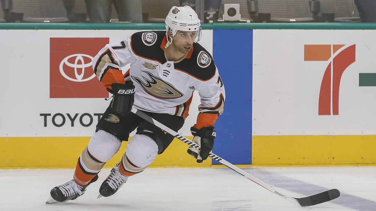 DALLAS, TX - OCTOBER 25: Anaheim Ducks left wing Andrew Cogliano (7) skates in warm-ups prior to the game between the Dallas Stars and the Anaheim Ducks on October 25, 2018 at American Airlines Center in Dallas, Texas.