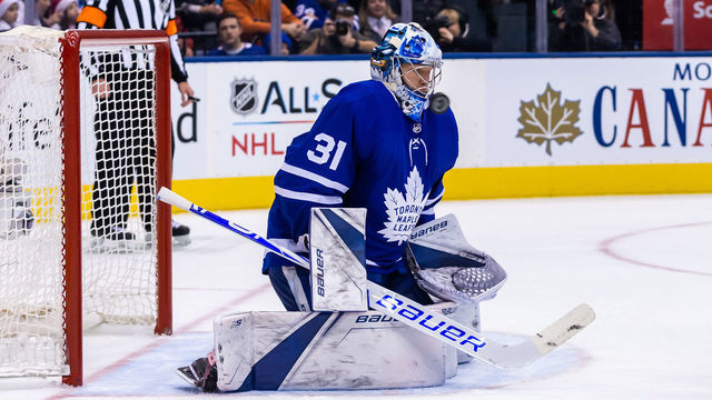 TORONTO, ON - DECEMBER 22: Frederik Andersen #31 of the Toronto Maple Leafs makes a save against the New York Rangers during the third period at the Scotiabank Arena on December 22, 2018 in Toronto, Ontario, Canada.