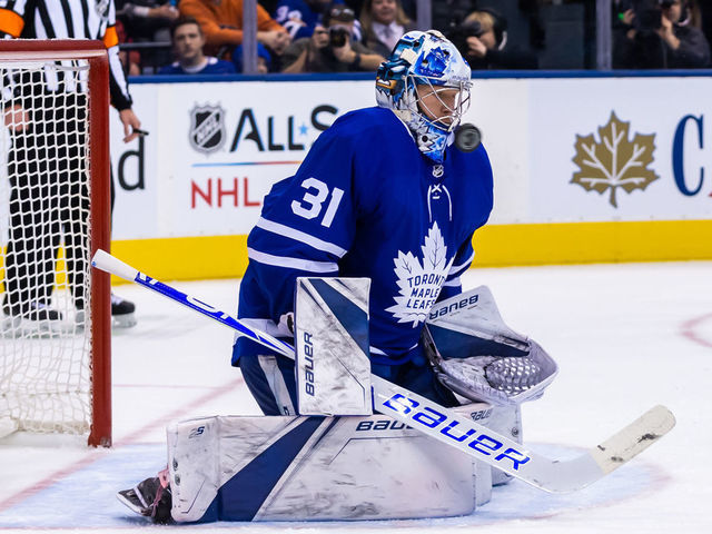 TORONTO, ON - DECEMBER 22: Frederik Andersen #31 of the Toronto Maple Leafs makes a save against the New York Rangers during the third period at the Scotiabank Arena on December 22, 2018 in Toronto, Ontario, Canada.