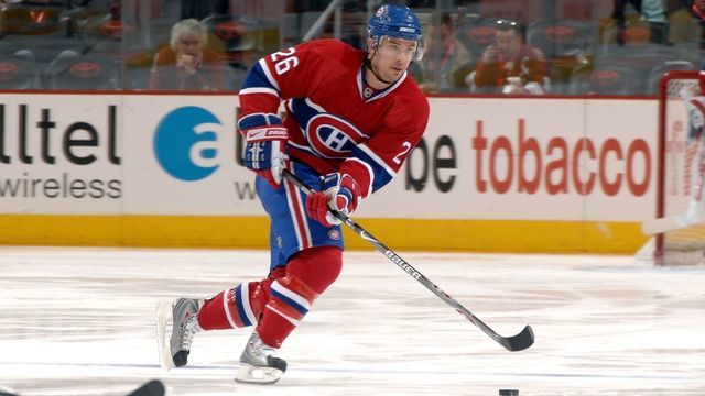 GLENDALE, AZ - MARCH 06: Defenseman Josh Gorges #26 of the Montreal Canadiens looks to pass the puck against the Phoenix Coyotes on March 6, 2008 at Jobing.com Arena in Glendale, Arizona.