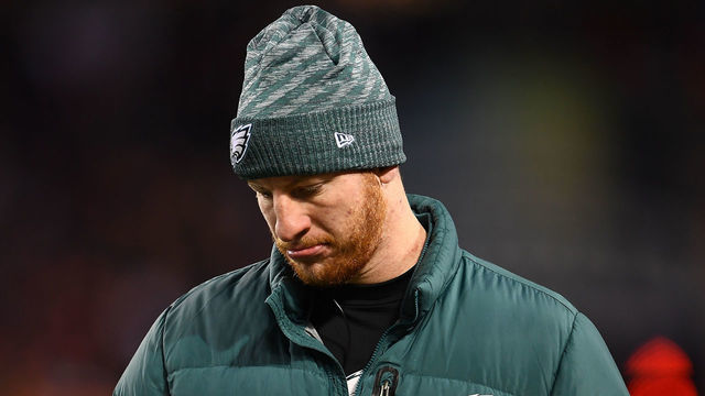 CHICAGO, ILLINOIS - JANUARY 06: Carson Wentz #11 of the Philadelphia Eagles reacts to a play during the NFC Wild Card Playoff game against the Chicago Bears at Soldier Field on January 06, 2019 in Chicago, Illinois. The Eagles defeated the Bears 16-15.