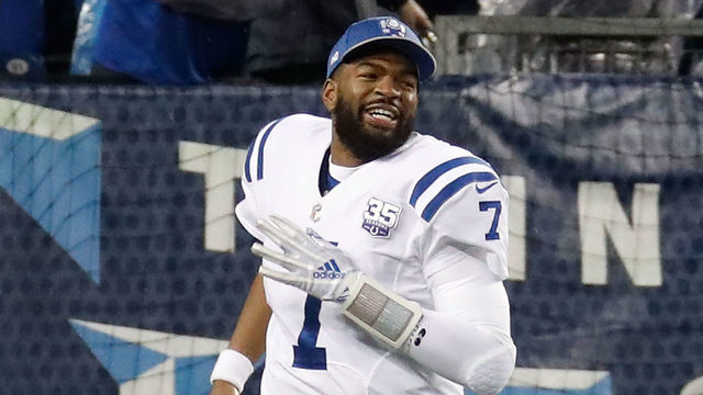 NASHVILLE, TN - DECEMBER 30: Jacoby Brissett #7 of the Indianapolis Colts celebrates after a touchdown against the Tennessee Titans at Nissan Stadium on December 30, 2018 in Nashville, Tennessee.